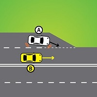 A car in a lane with a line at the end of the lane gives way to a car that is in the lane it is moving into.
