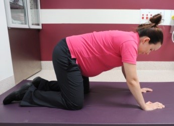 Pregnant woman on her hands and knees on the floor.