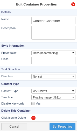 Screenshot displaying the Edit Content Container where the floating image has been selected as the template.